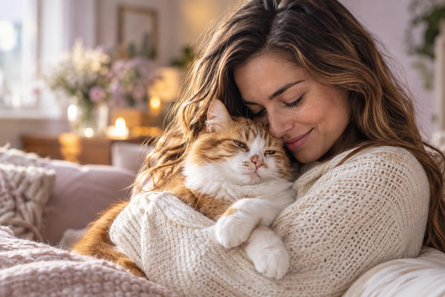 Una mujer abraza con cariño a su gato naranjo